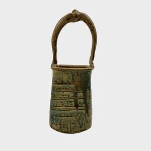 Studio Art Pottery Basket Vase Green Blue Stoneware Green Blue Drip Glaze